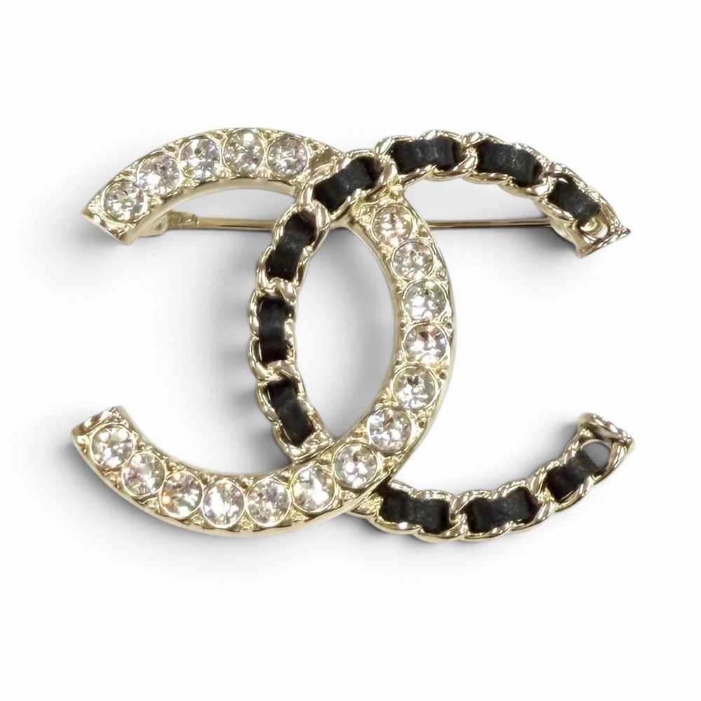 CHANEL Black Leather Logo Brooch